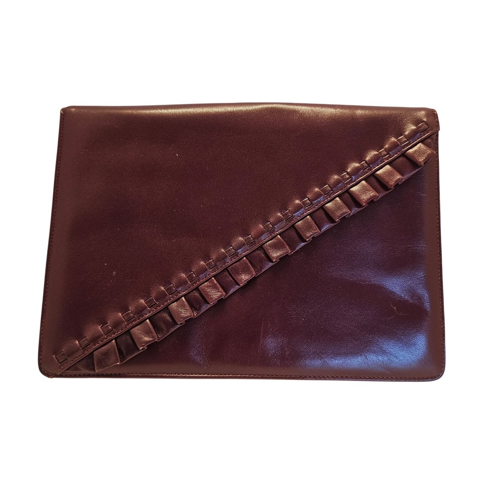 Vintage Harrods London Burgundy Leather Ruffle Clutch Bag Made in Spain - Picture 2 of 11